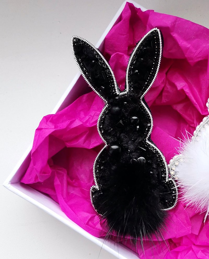 Black rabbit brooch, black rabbit jewelry, Black rabbit pin - Brooches - Other Materials Black