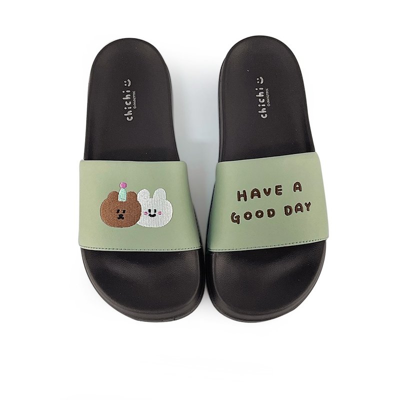 Paidal x 87 Bunny and Happy Birthday Bear One-piece Sports Slippers - Matcha Green - Slippers - Faux Leather Green