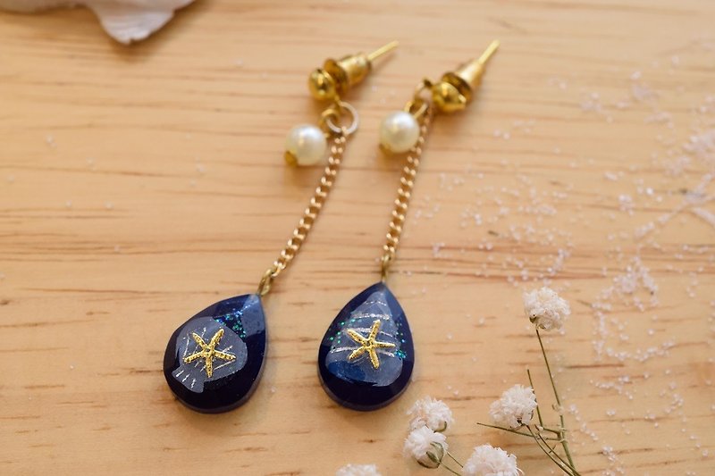 NEW!! Cute & Beauty Blue Water Drop with Pearl Chain Dangle Resin Earrings - ต่างหู - วัสดุอื่นๆ สีน้ำเงิน