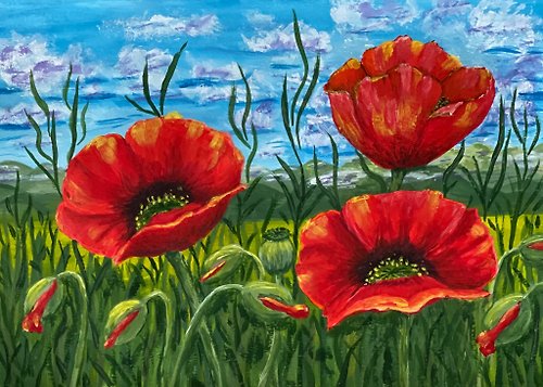 vernissage-VG-galery Scarlet poppies in the Tuscany valley. Painting Gouache.