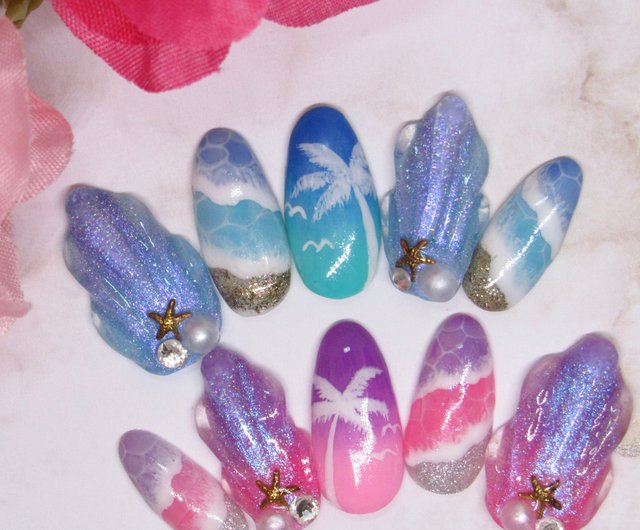 サマーネイル 夏 海 ヤシの木 人魚の鱗ネイル ネイルチップ ショップ Sarahnail マニキュア ネイル Pinkoi