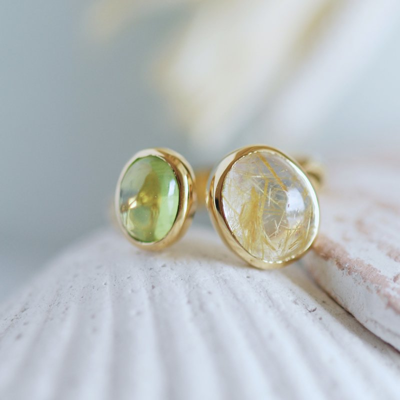 Adult color rutilated quartz peridot double stone ring [made to order] - General Rings - Semi-Precious Stones Green