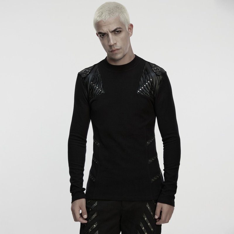 龐克微妙之身壓褶工藝環保上衣 / 抗菌 / 抗靜電 - 男 T 恤 - 其他材質 黑色
