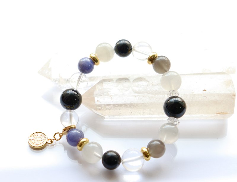 天然石黑瑪瑙與坦桑石手鍊　護身符能量石手鍊 - 手鍊/手鐲 - 水晶 黑色