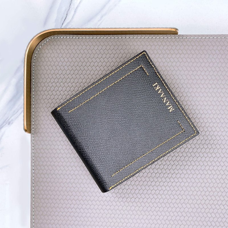 【MANAAKI】Double-line short wallet (men's version) short Silver wallet leather - กระเป๋าสตางค์ - วัสดุอีโค สีดำ