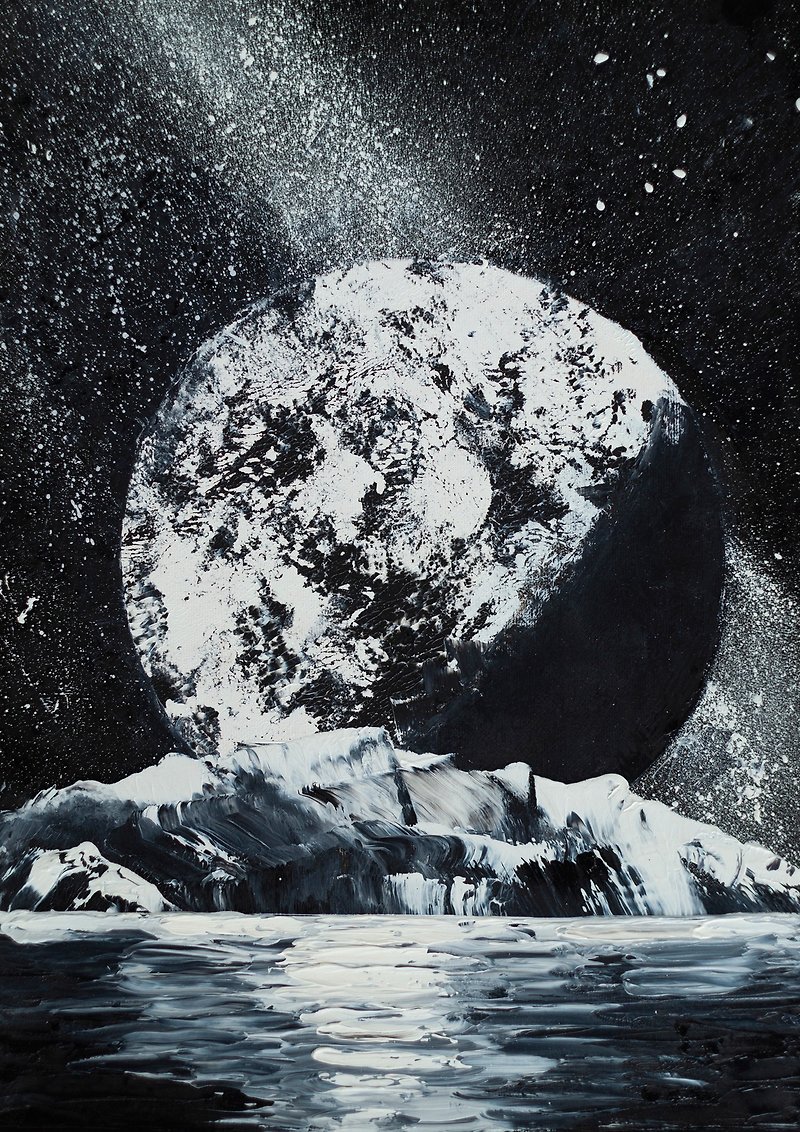 Moon Planet Painting Space Original Art Lake Landscape Night Milky Way Galaxy - 掛牆畫/海報 - 其他材質 黑色