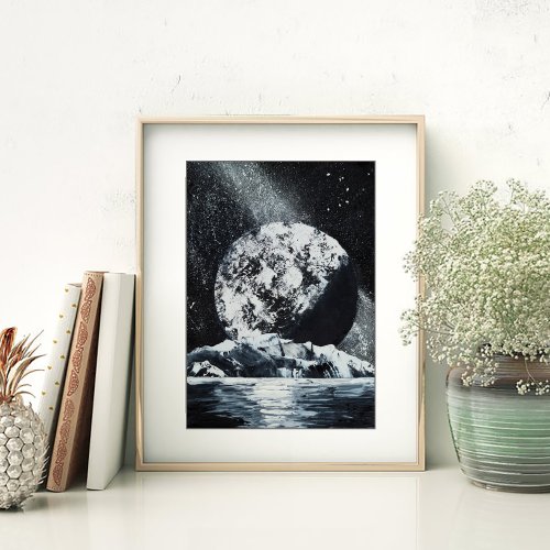 月 惑星 絵画 宇宙 オリジナルアート 湖 風景 夜 天の川 銀河