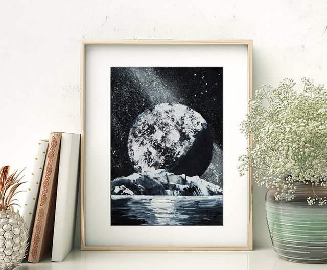 月 惑星 絵画 宇宙 オリジナルアート 湖 風景 夜 天の川 銀河
