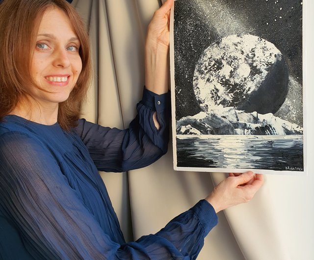 月 惑星 絵画 宇宙 オリジナルアート 湖 風景 夜 天の川 銀河