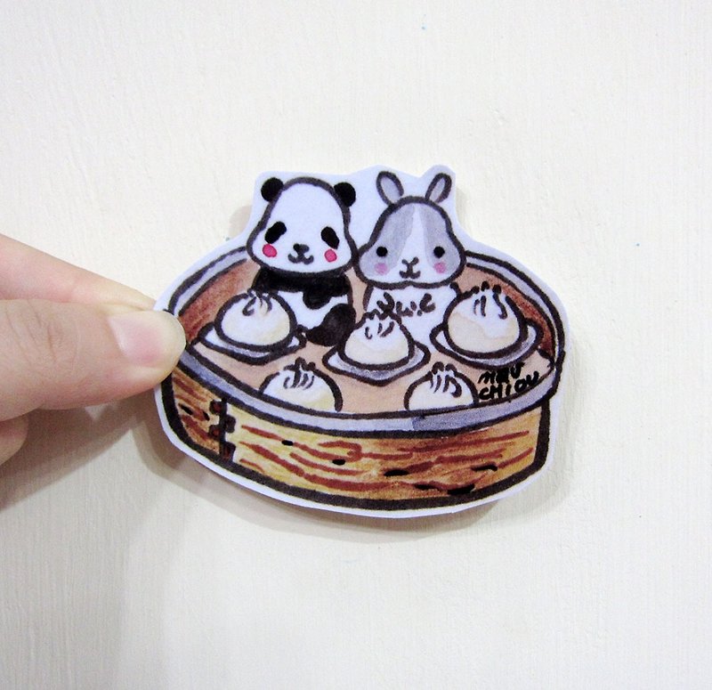 Hand-painted illustration style completely waterproof sticker Bunny Panda Xiao Long Bao - สติกเกอร์ - วัสดุกันนำ้ ขาว