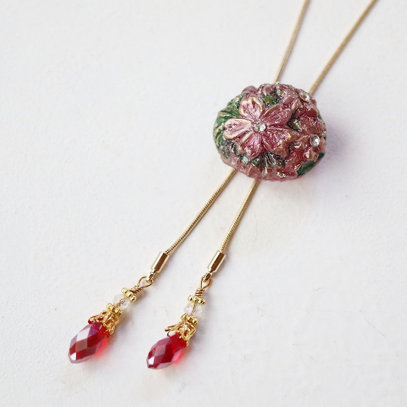 Cherry blossom loop tie necklace lariat style medium pink x red - สร้อยคอ - เรซิน สึชมพู