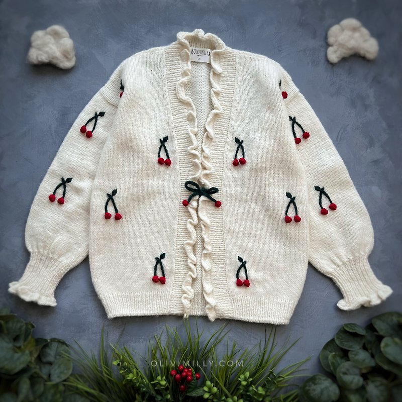 Cherry Adult cardigan, hand knitted cardigan with embrodery - สเวตเตอร์ผู้หญิง - ขนแกะ ขาว