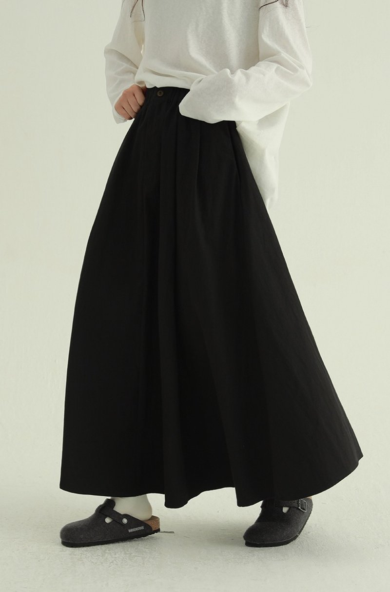 3顔色 高腰廓形休閒百褶長裙 休閒百搭垂墜基礎款半身裙 - 裙子/長裙 - 棉．麻 黑色