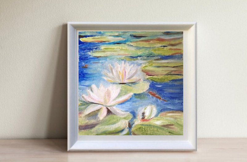 Water lilies Landscape pond mini wall art original oil painting - Wall Décor - Other Materials Green