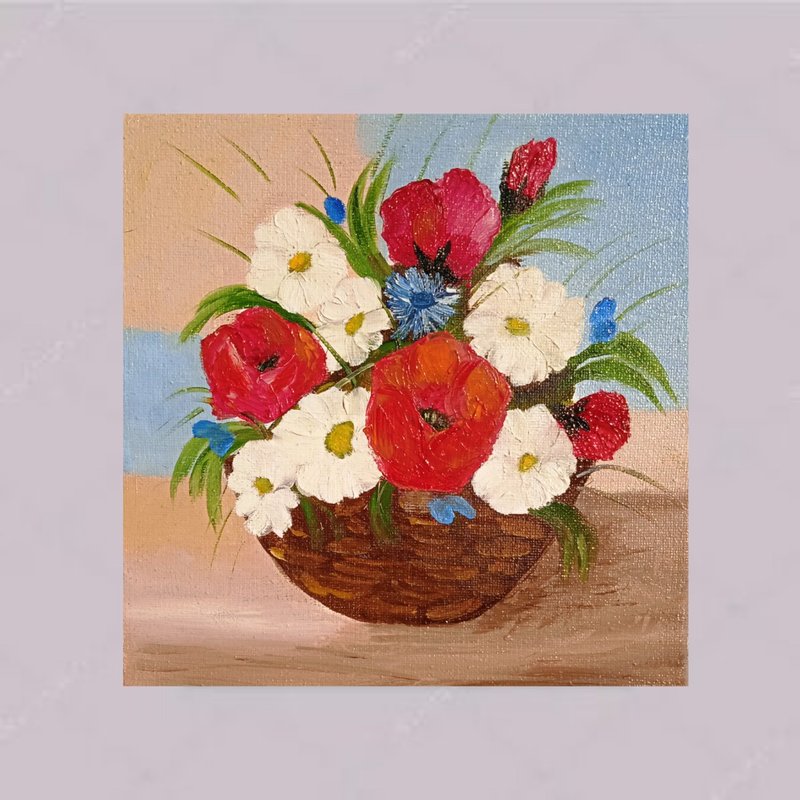 画用红色的花篮雏菊原花艺原画 - 壁貼/牆壁裝飾 - 其他材質 多色