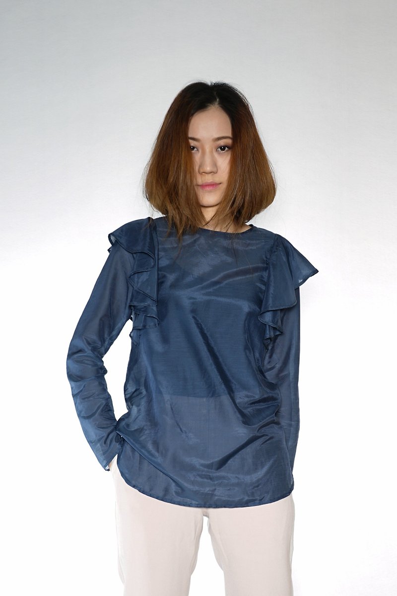 OUD Original. Silk-Cotton Long-sleeved Top With Ruffles. - Women's Tops - Silk Blue