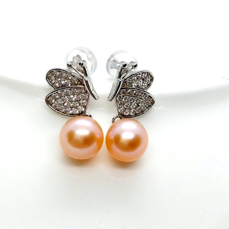 Shiny sideways butterfly freshwater pearl sterling silver earrings - ต่างหู - ไข่มุก 