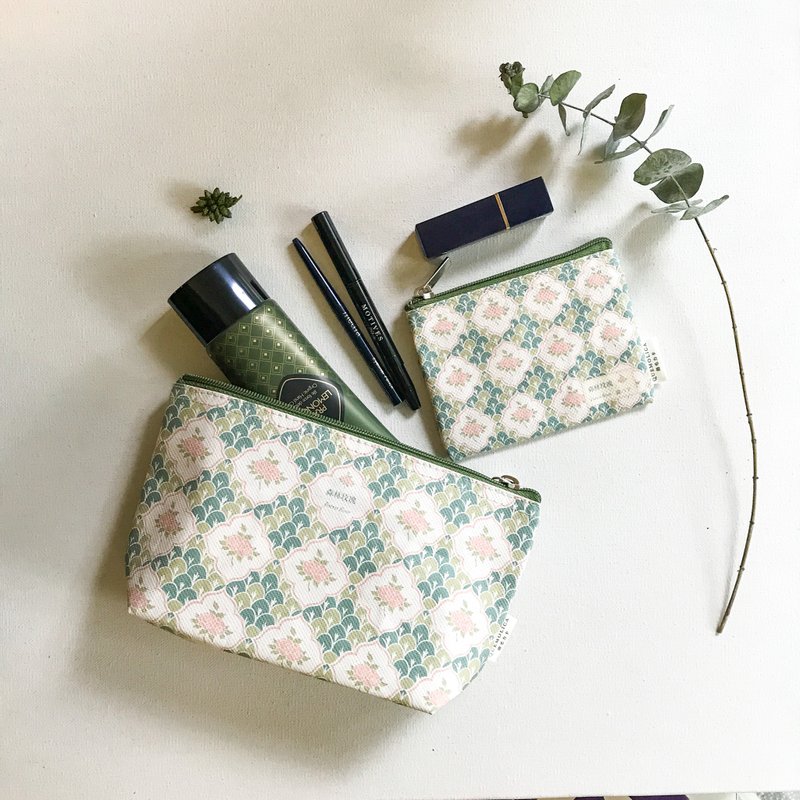 【成套組合】森林玫瑰 化妝包+零錢包 - 化妝包/收納袋 - 棉．麻 粉紅色