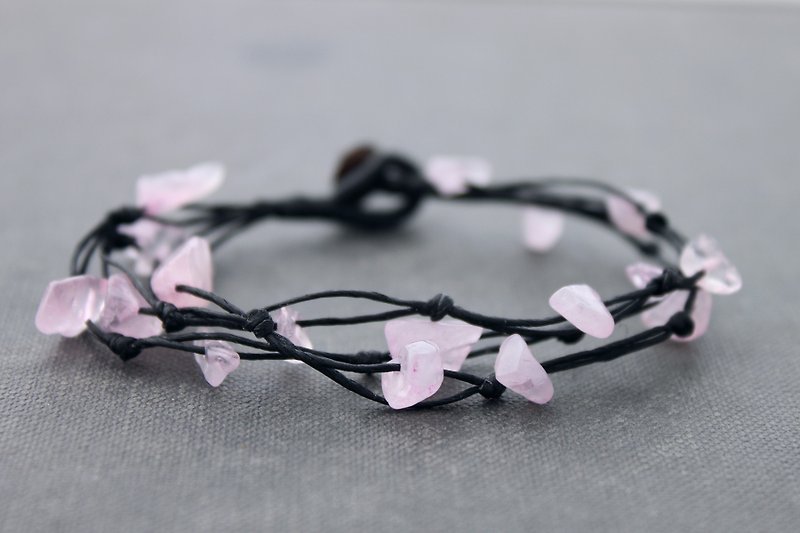 編織手鍊玫瑰石英自由形態簡單鏈手鐲黑色棉線 - 手鍊/手鐲 - 石頭 粉紅色
