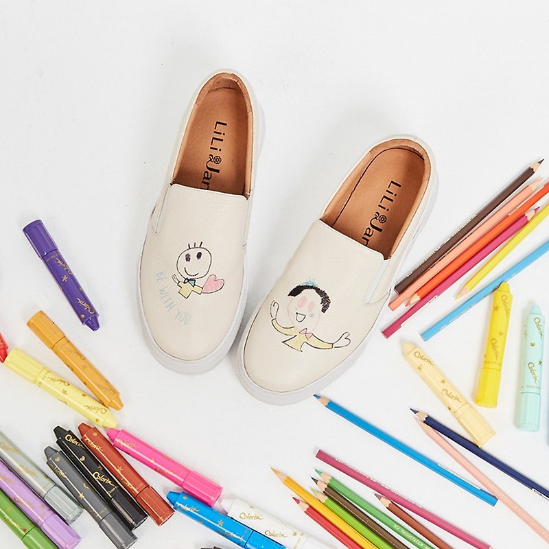 【BE WITH U】Peach hand-painted leather loafers_childish white - Women's Casual Shoes - Genuine Leather White