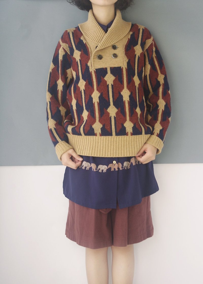 4.5studio- vintage treasure hunt - Complex Gu Pupu wind lapel camel color knit sweater - Women's Sweaters - Wool Brown