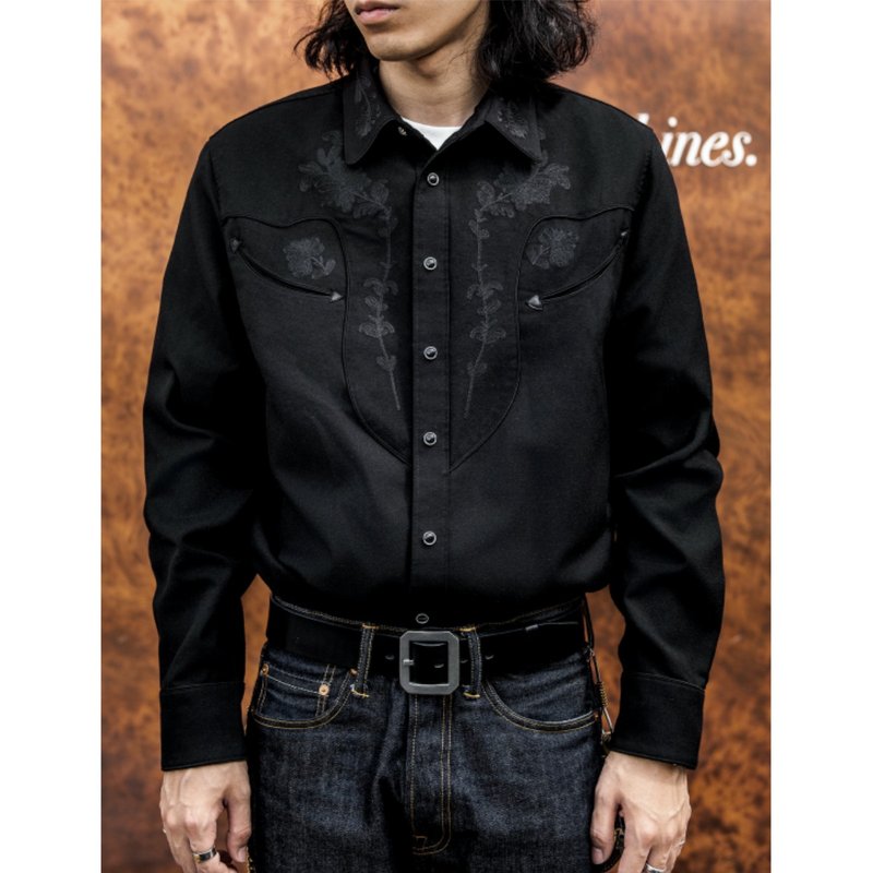 復古刺繡襯衫 音樂家襯衫 西部襯衫 羊毛 黑色 Western Shirt - 男襯衫/休閒襯衫 - 其他材質 黑色