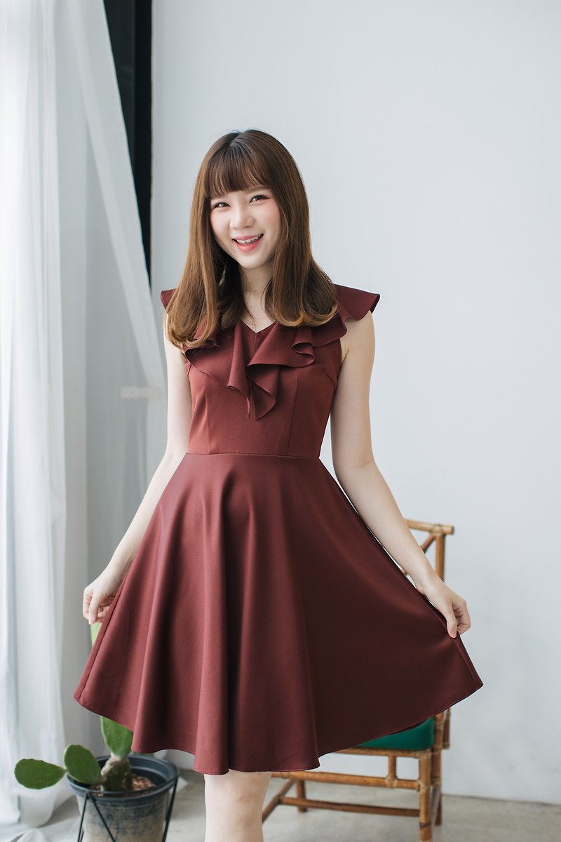 Burgundy Dress Wine Bridesmaid Dresses Evening Party Dress Ruffle V Neck-Blake - One Piece Dresses - Polyester Red