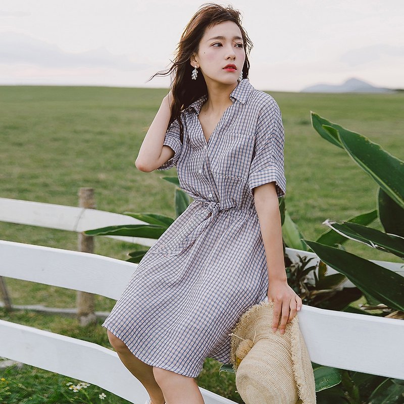 Annie Chen 2018 summer new art women's plaid waist shirt dress dress - One Piece Dresses - Polyester Khaki