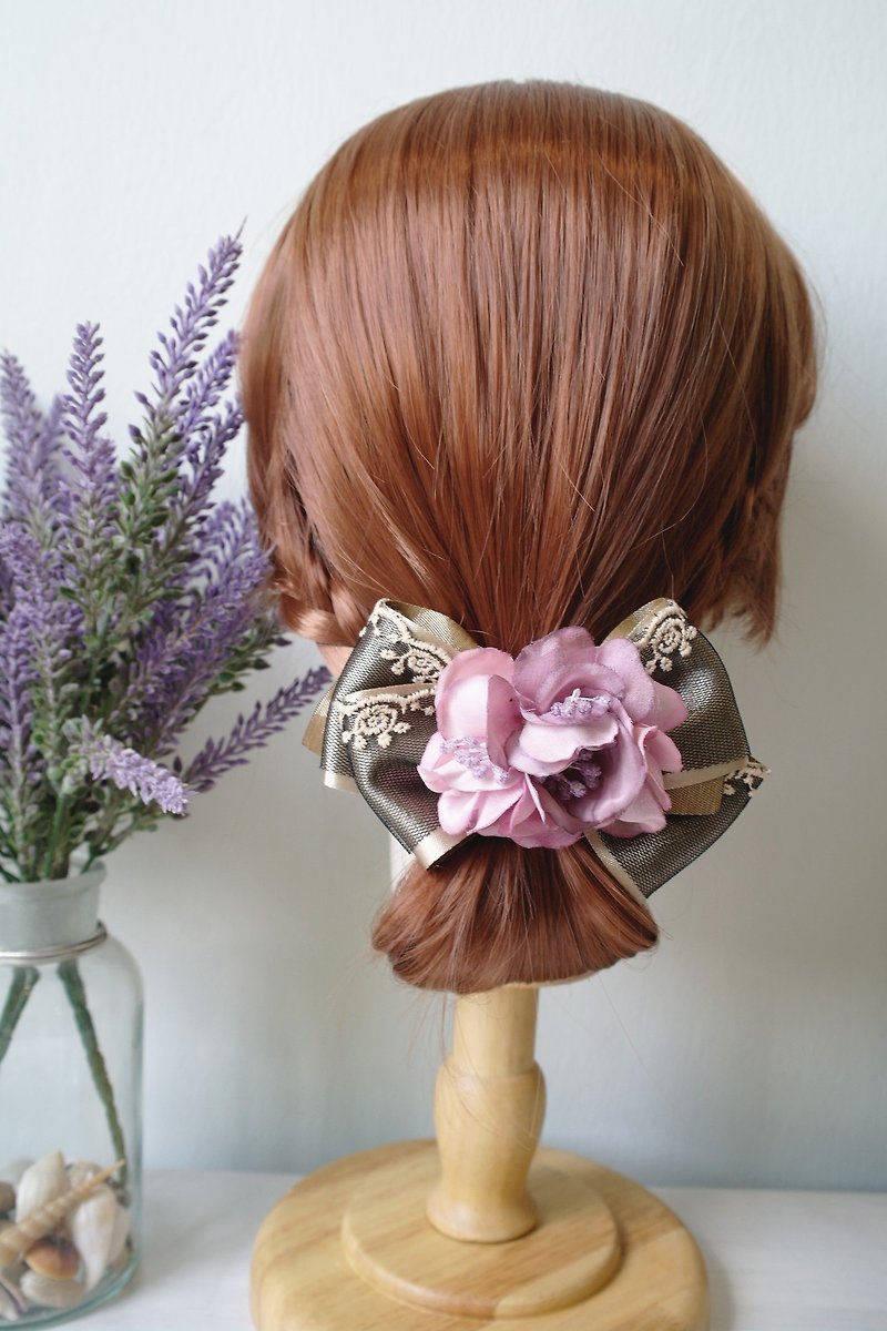 割引ロマンチックな紫色のセクシーなレースの布の花ゴールデンリボンの弓の髪のアクセサリーHA0209 - ヘアアクセサリー - コットン・麻 パープル