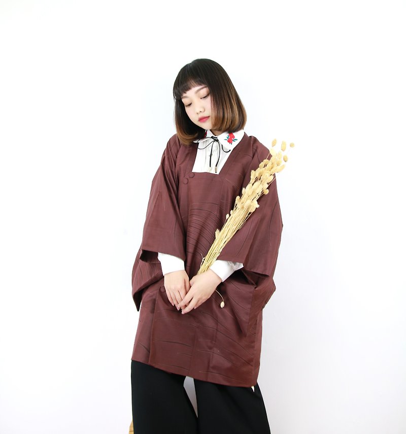 Back to Green Japanese line back dark brown vintage kimono KD-11 - Women's Casual & Functional Jackets - Silk 