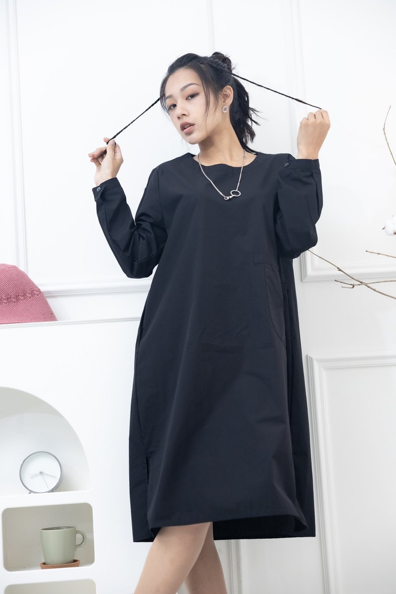 Styling pocket long sleeve dress black - One Piece Dresses - Other Materials Black