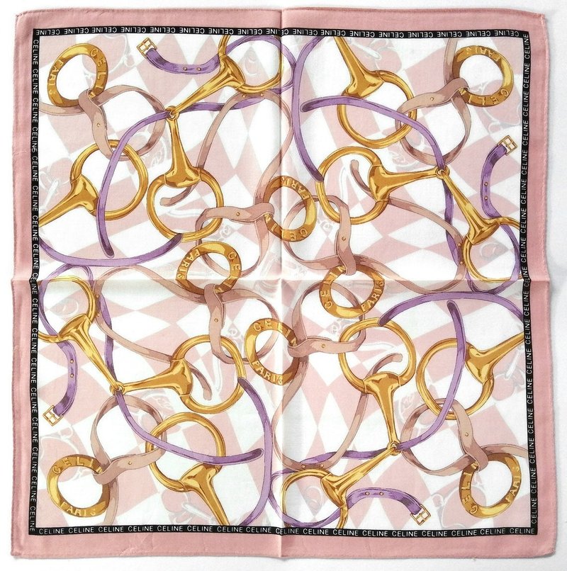 Celine Paris 古董頭巾 馬術鏈條馬具 19 x 19 英吋 - 手帕 - 棉．麻 粉紅色