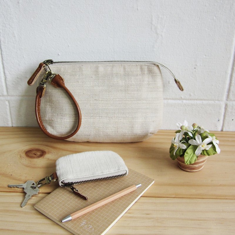 Multi-Purpose Pouch with Leather Strap Hand woven Natural Dyed Cotton Natural. - Toiletry Bags & Pouches - Cotton & Hemp White