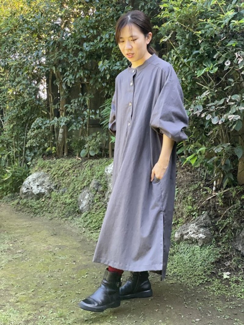 Band collar shirt dress (charcoal gray) - One Piece Dresses - Other Materials 