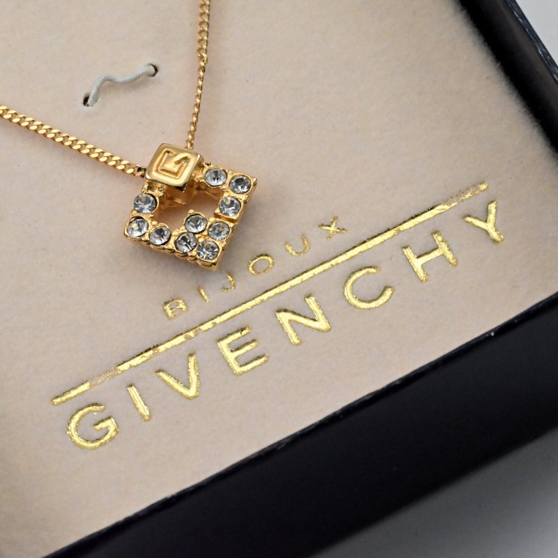 Free Shipping Vintage GIVENCHY Necklace, Retro Necklace, Gold, Square Zirconia - Necklaces - Precious Metals Gold