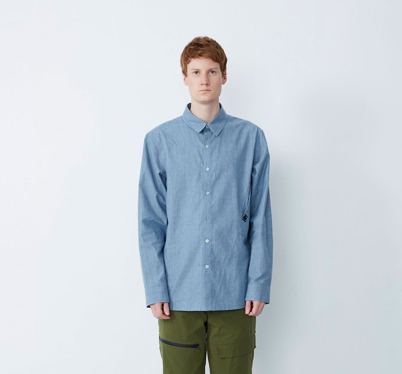 Don't want to go to work - oblique pocket reflective long shirt - light blue - Men's Shirts - Other Materials Blue