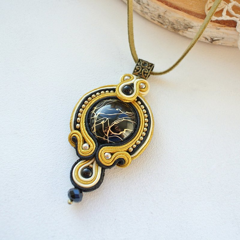 其他材質 長項鍊 金色 - 黑色和金色項鍊 Embroidered Soutache necklace, Ethnic boho mandala necklace