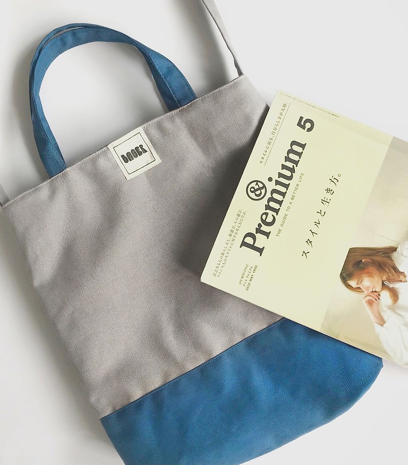 Simple color matching adjustable strap three-purpose canvas bag shoulder portable oblique back gray + peacock blue - Messenger Bags & Sling Bags - Cotton & Hemp Gray