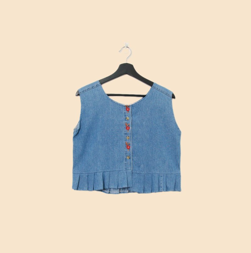 Back to Green-丹寧刺繡背心 紅雛菊 花印 dv-29//vintage vest - 背心/無袖上衣 - 棉．麻 