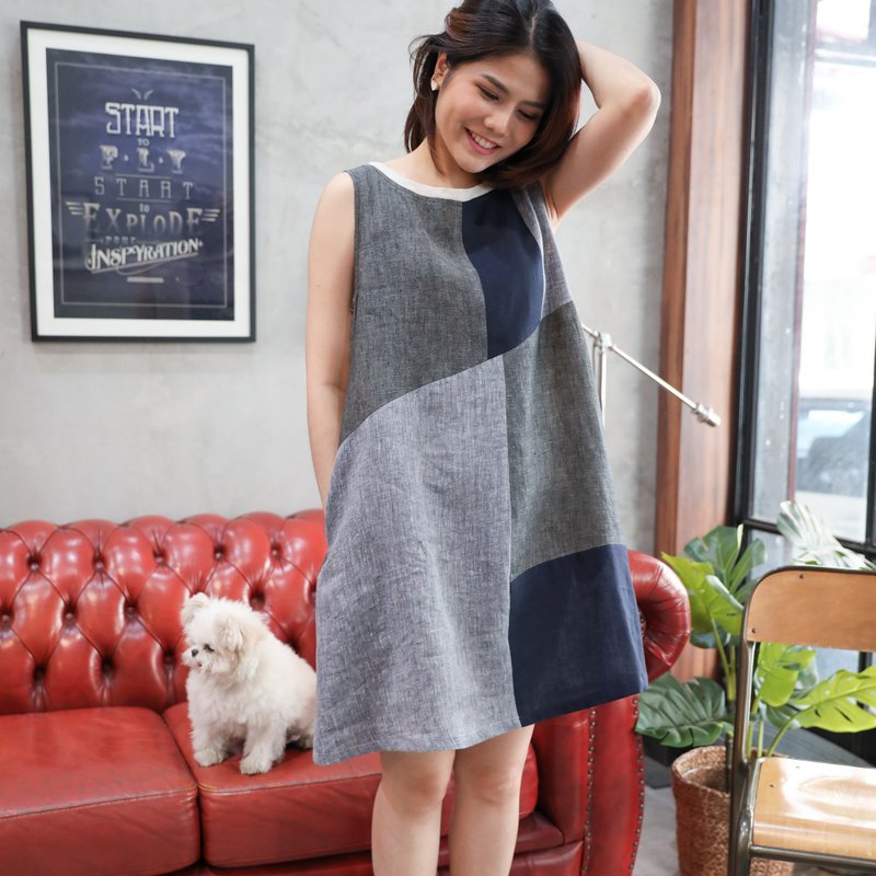 Natural Linen Sleeveless Dress Minimal Dress Simple Dress-Multicolor Blue/Grey - 洋裝/連身裙 - 棉．麻 藍色