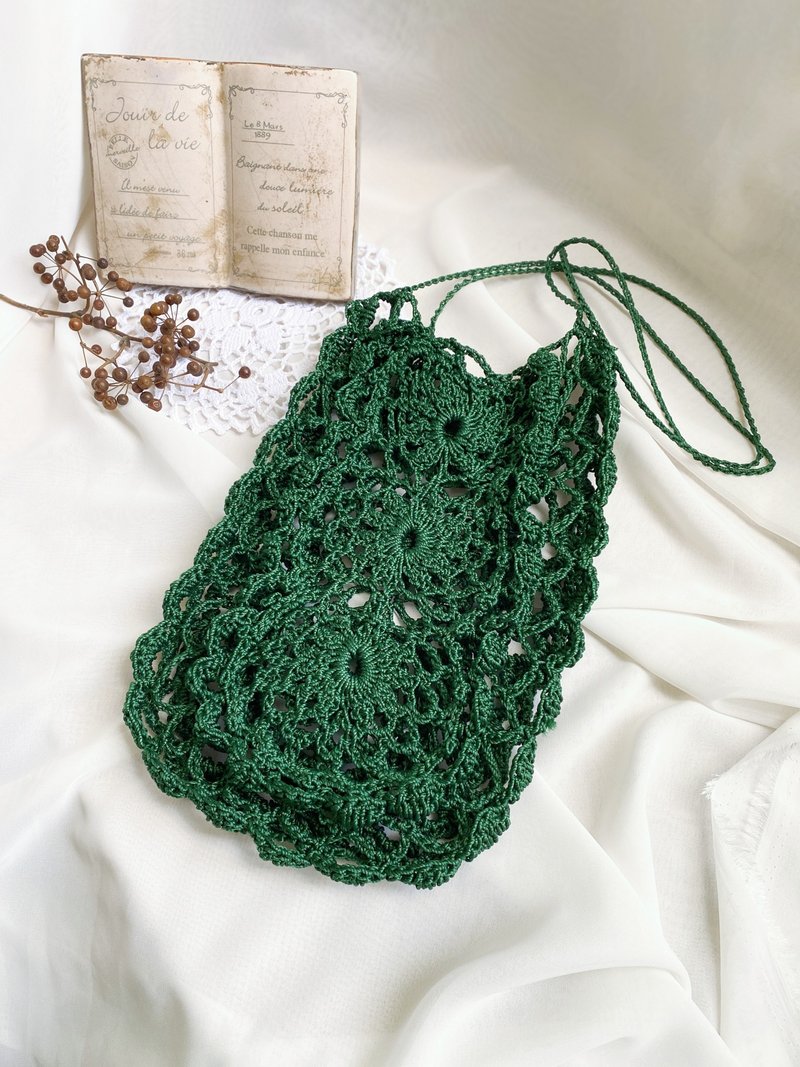 【好日手作】Handmade德國環保再生線編織郵差綠三朵花側背包 - 側背包/斜背包 - 其他材質 綠色