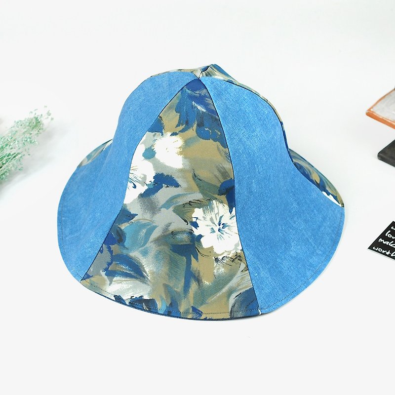 手工雙面帽 遮陽帽 氣質 油畫花 復古【群藍玫瑰】 HM-39 - 帽子 - 棉．麻 藍色