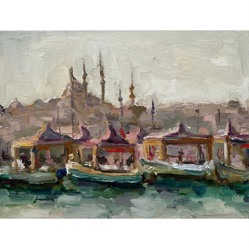 Istanbul Painting Original Art Oil Painting Bosphorus Impasto Wall Art Turkish - ตกแต่งผนัง - วัสดุอื่นๆ สีม่วง