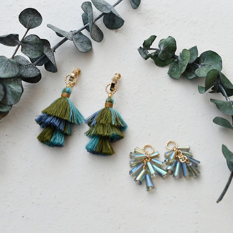 3WAY tassel earrings/Green Tree - Earrings & Clip-ons - Thread Green