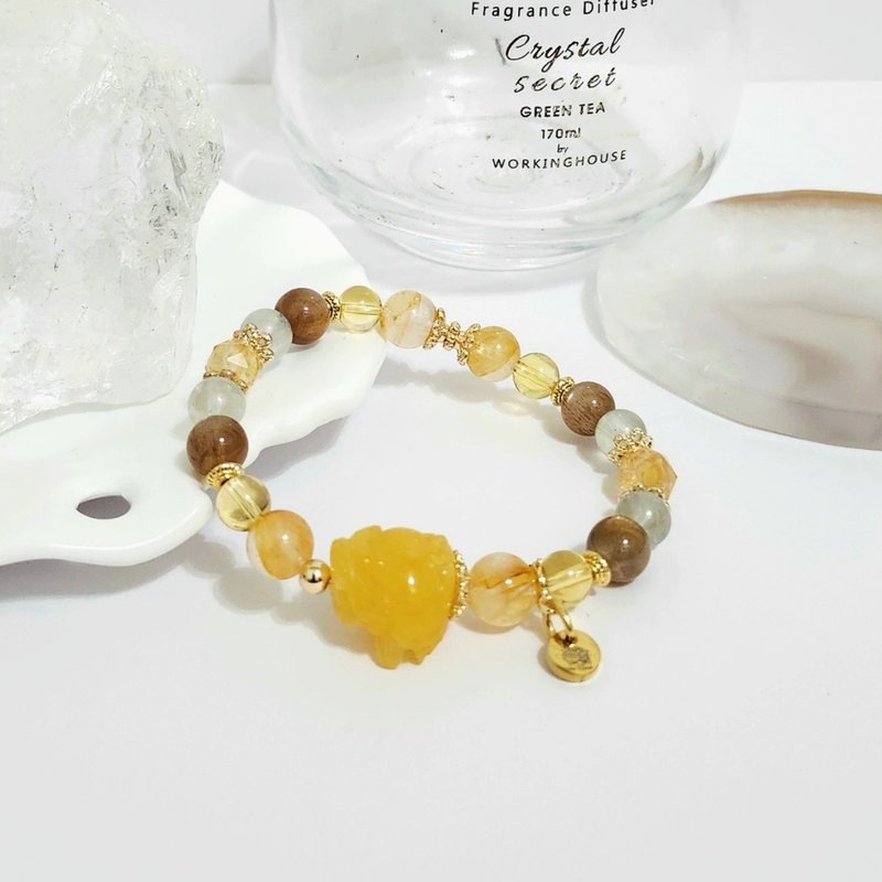 黃膠花龍龜設計手鍊/招財助事業、消除負能量之搭配水晶 - 手鍊/手環 - 水晶 黃色