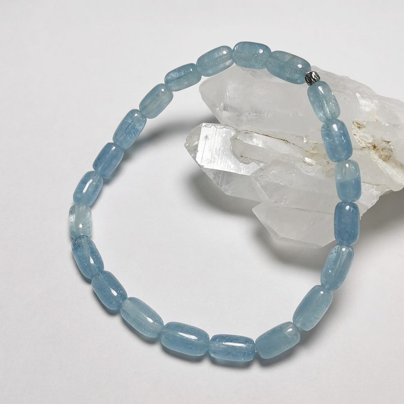 Aquamarine/Aquamarine-tube beads/barrel beads bracelet/sterling silver handmade beads - สร้อยข้อมือ - คริสตัล สีน้ำเงิน