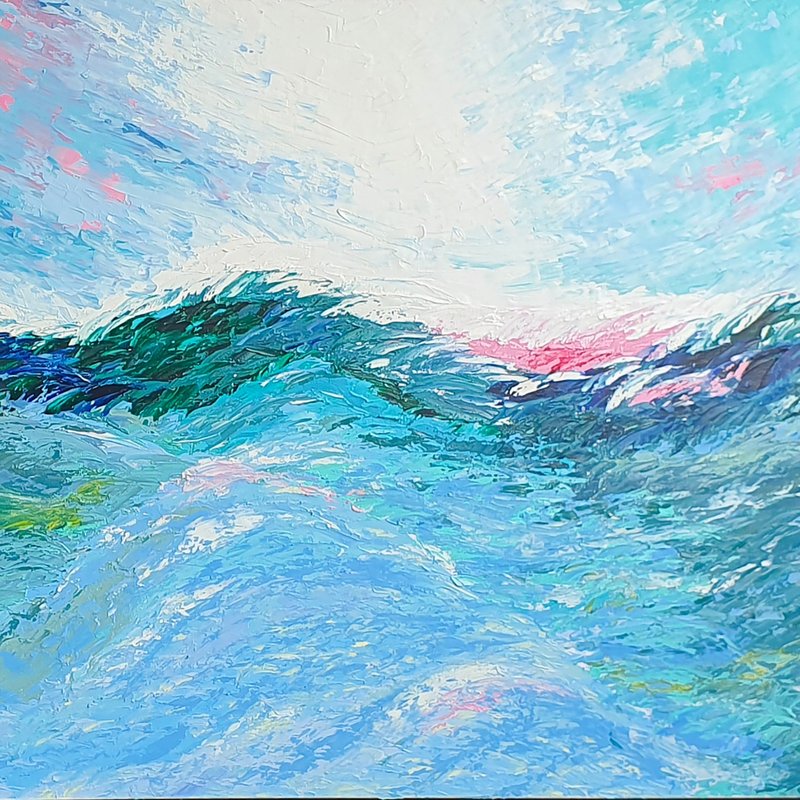 Andaman Sea Painting Abstract Wave Original Art Surfer Artwork Seascape Wall Art - โปสเตอร์ - วัสดุอื่นๆ สีน้ำเงิน