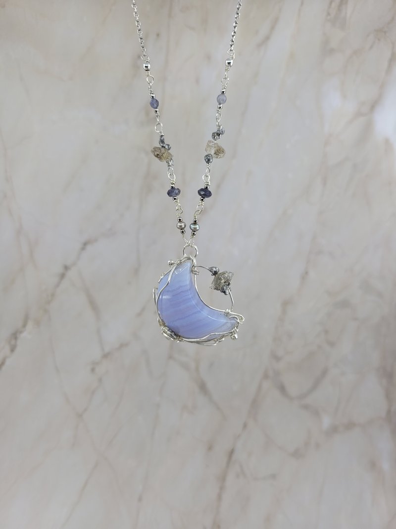 Moon shaped blue agate 999 sterling silver with moon long necklace - สร้อยคอ - เงินแท้ 