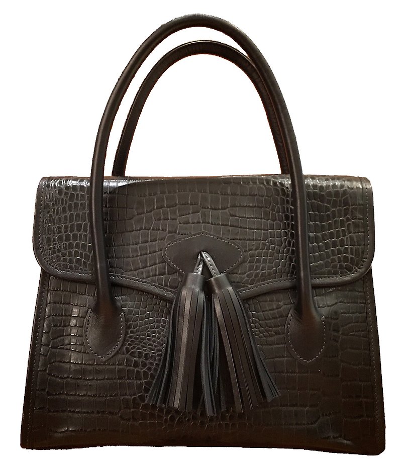 古董流蘇包 / Antique Tassel Bag / 全真皮壓紋 / 手工限量 - 手提包/手提袋 - 真皮 黑色