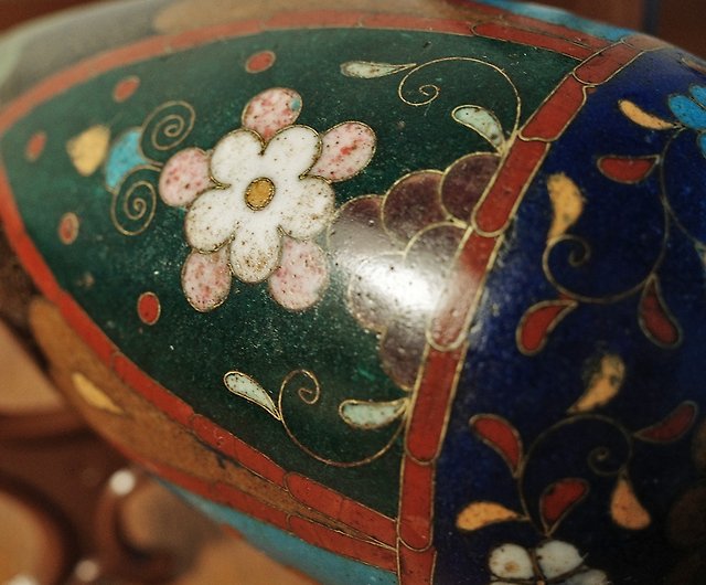 日本の明治七宝七宝ブロンズエナメルボトルバーントブルー手描きの初期